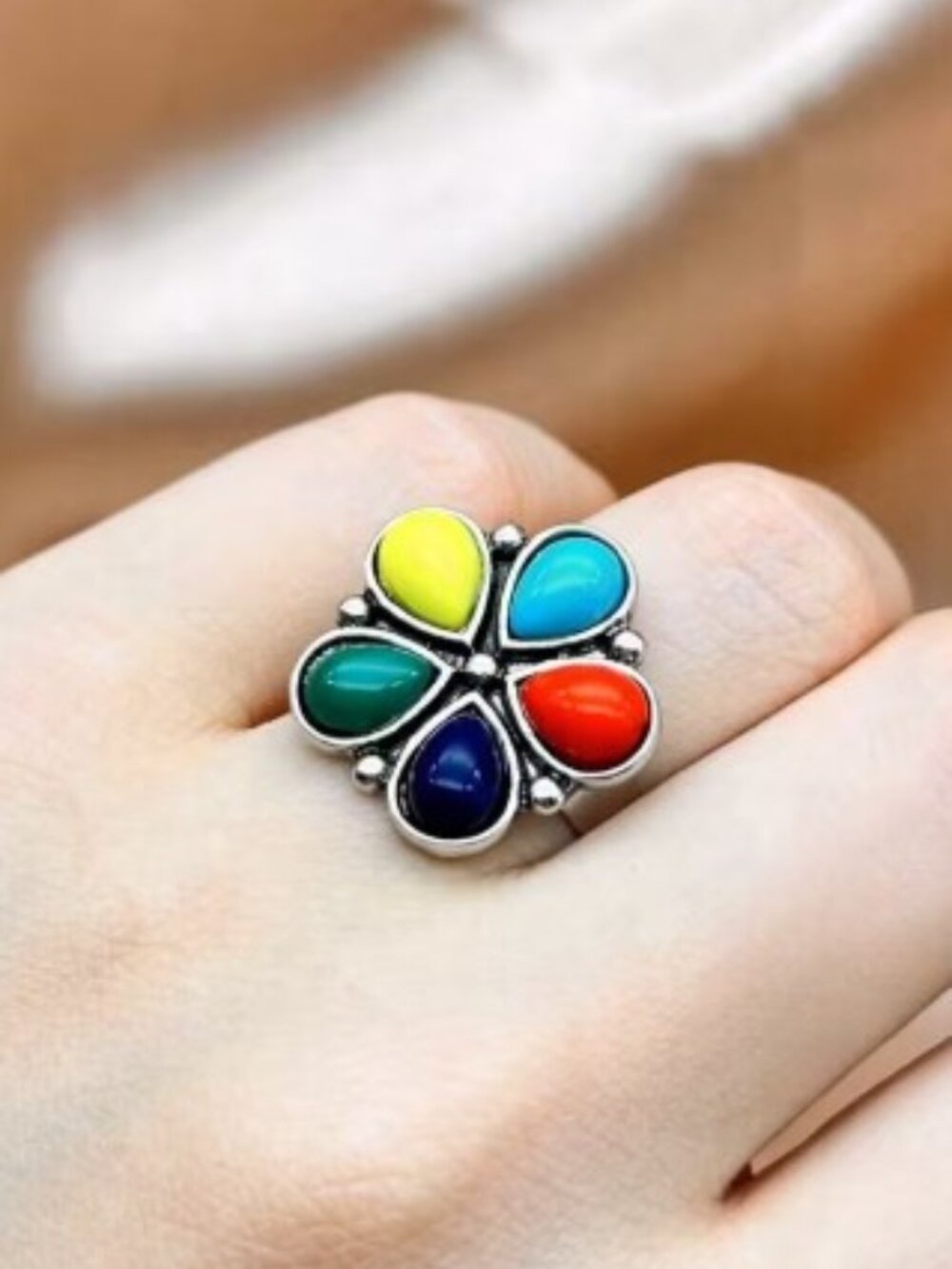 Rainbow Flower Ring Temperament Ring Adjustable Size 7.5 Cottagecore Hippie